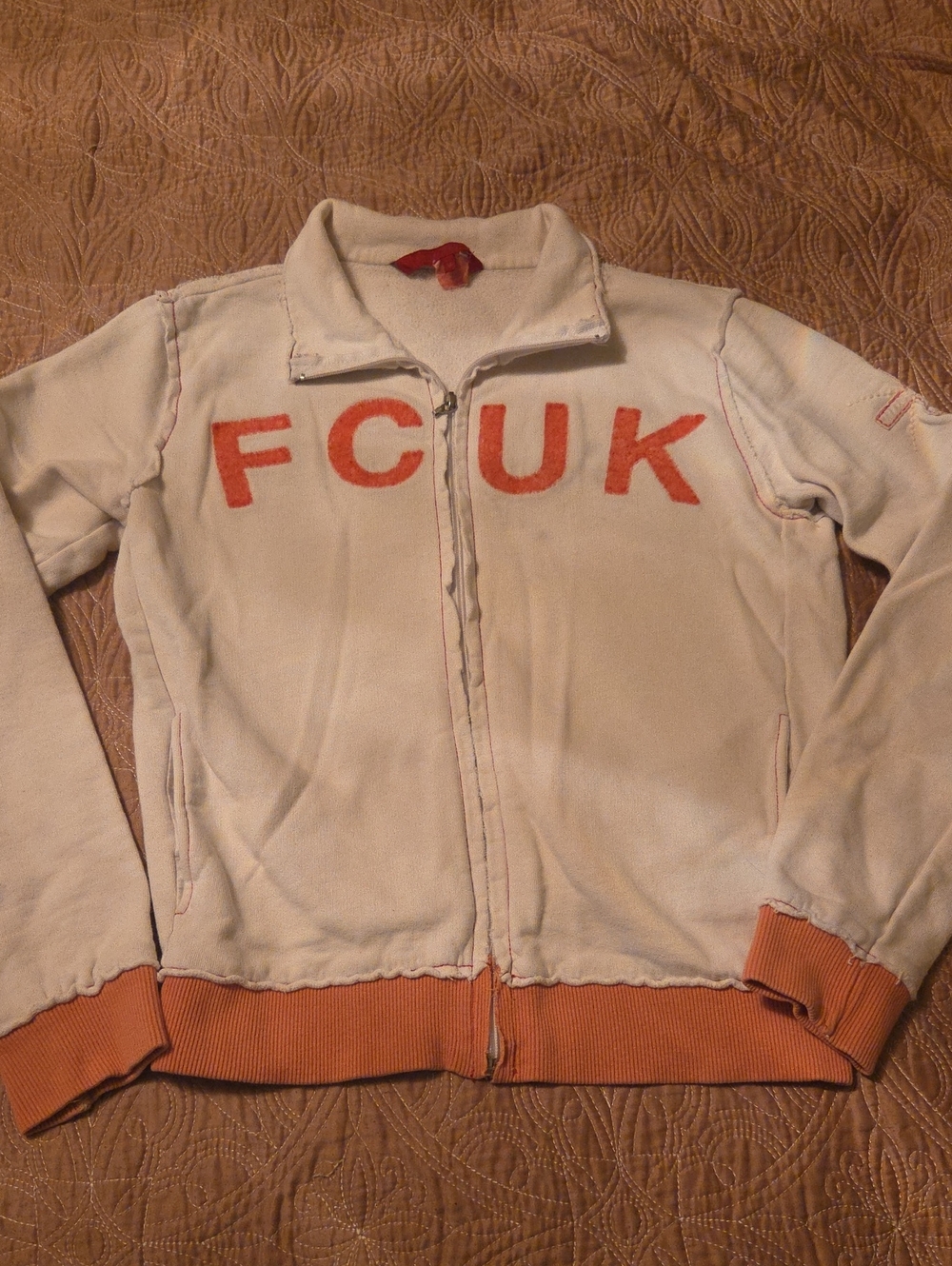 Women's FCUK French Connection Cream Zip-Up Hoodie with Pink Trim And Lettering